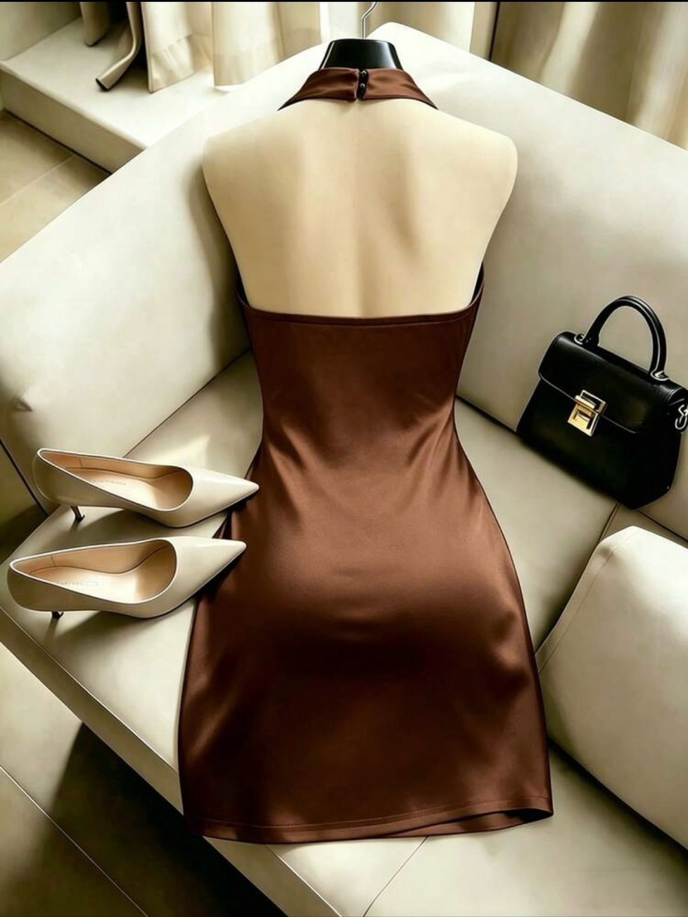 Satin Cowl Neck Halter Mini Dress in Chocolate Brown - Picture 2 of 3